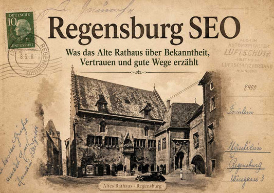 Historisches Altes Rathaus Regensburg im Ansichtskartenstil mit Titel Regensburg SEO