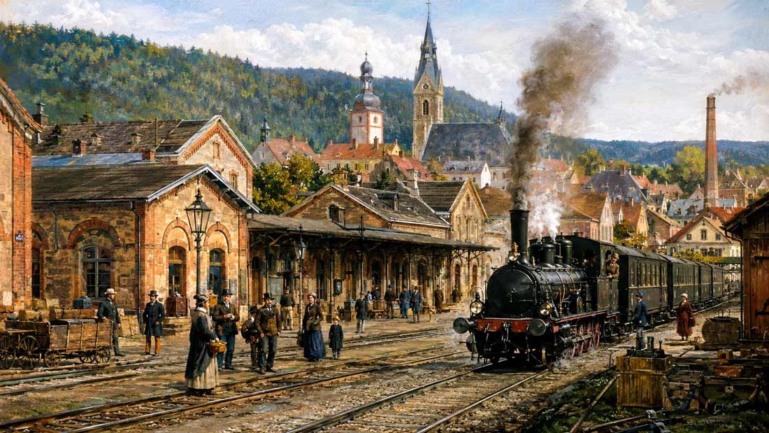 Symbolbild Historischer Bahnhof in Schwandorf in der Oberpfalz mit Dampflokomotive, Reisenden und Stadtansicht zur Zeit der frühen Eisenbahn.