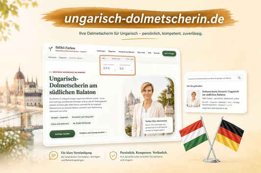 Praxisbeispiel für SEO, GEO und AEO mit der Website ungarisch-dolmetscherin.de, einer KI-Suchantwort sowie deutscher und ungarischer Flagge.