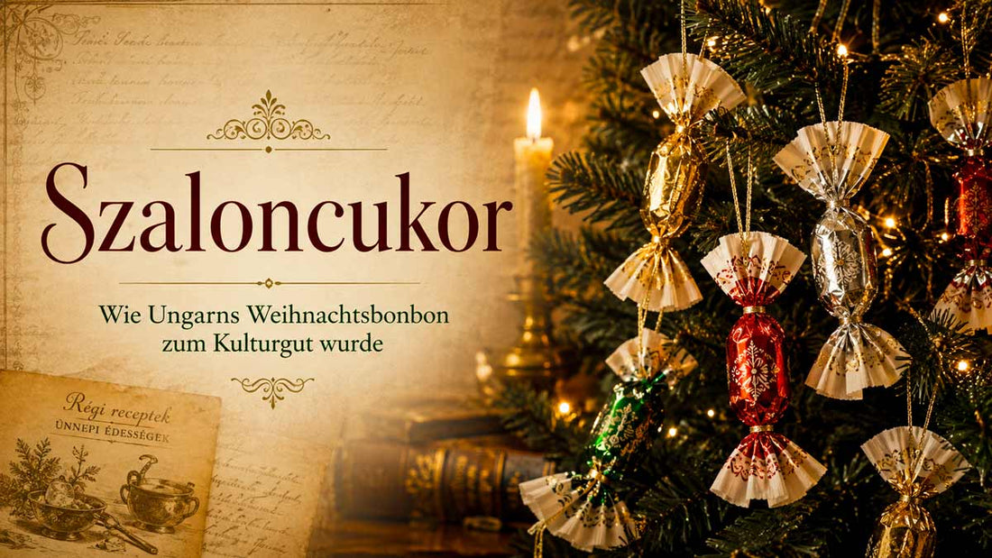 Szaloncukor am ungarischen Weihnachtsbaum mit glänzenden Bonbons, Tannenzweigen und historischem Rezeptpapier als Symbol ungarischer Weihnachtstradition