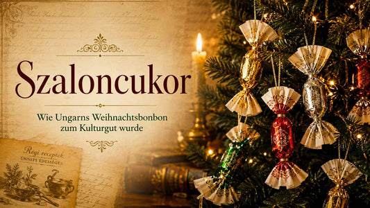 Szaloncukor am ungarischen Weihnachtsbaum mit glänzenden Bonbons, Tannenzweigen und historischem Rezeptpapier als Symbol ungarischer Weihnachtstradition