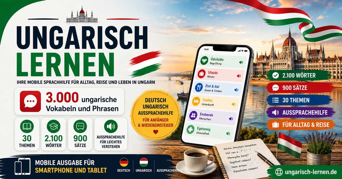E-Book „Ungarisch lernen – 3.000 ungarische Vokabeln und Phrasen“ mit Smartphone-Darstellung, Budapest-Motiv, Angaben zu 30 Themen, 2.100 Wörtern, 900 Sätzen und Hinweis auf die mobile Ausgabe für Smartphone und Tablet.