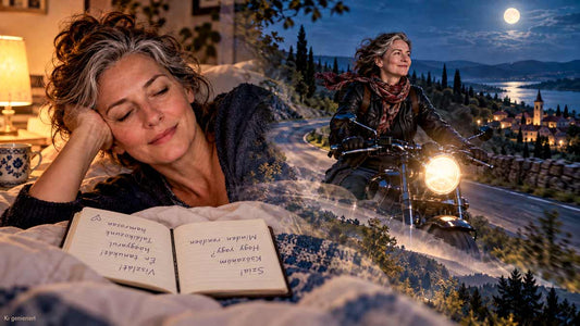 Ungarisch lernen im Schlaf für Anfänger Frau im Bett mit Notizbuch und Motorrad bei Mondlicht als Symbol für Vertrautheit Freiheit und ruhiges Lernen