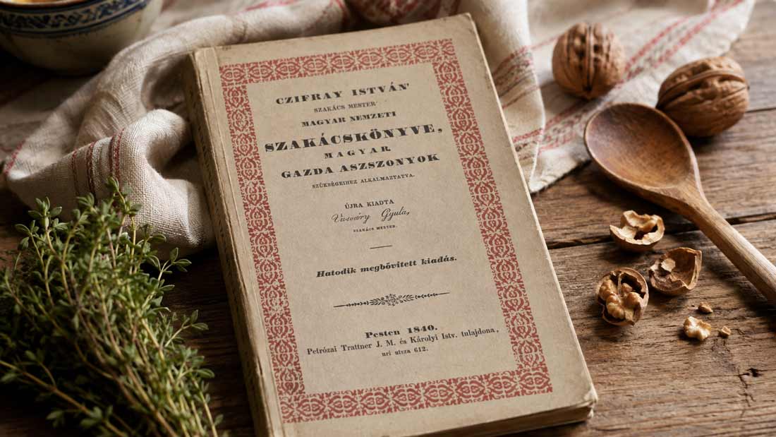 Historisches ungarisches Kochbuch von Czifray aus dem Jahr 1840 auf einem Holztisch mit Walnüssen und Kräutern.