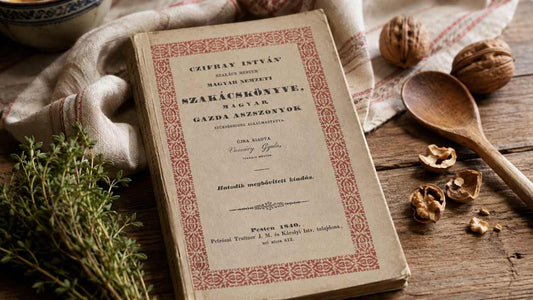 Historisches ungarisches Kochbuch von Czifray aus dem Jahr 1840 auf einem Holztisch mit Walnüssen und Kräutern.