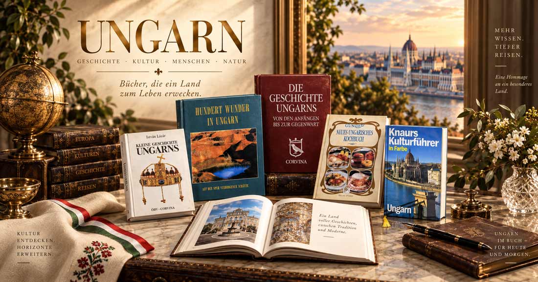 Ungarn Bücher über Geschichte, Kultur, Küche und Sehenswürdigkeiten vor einer Budapest-Kulisse.