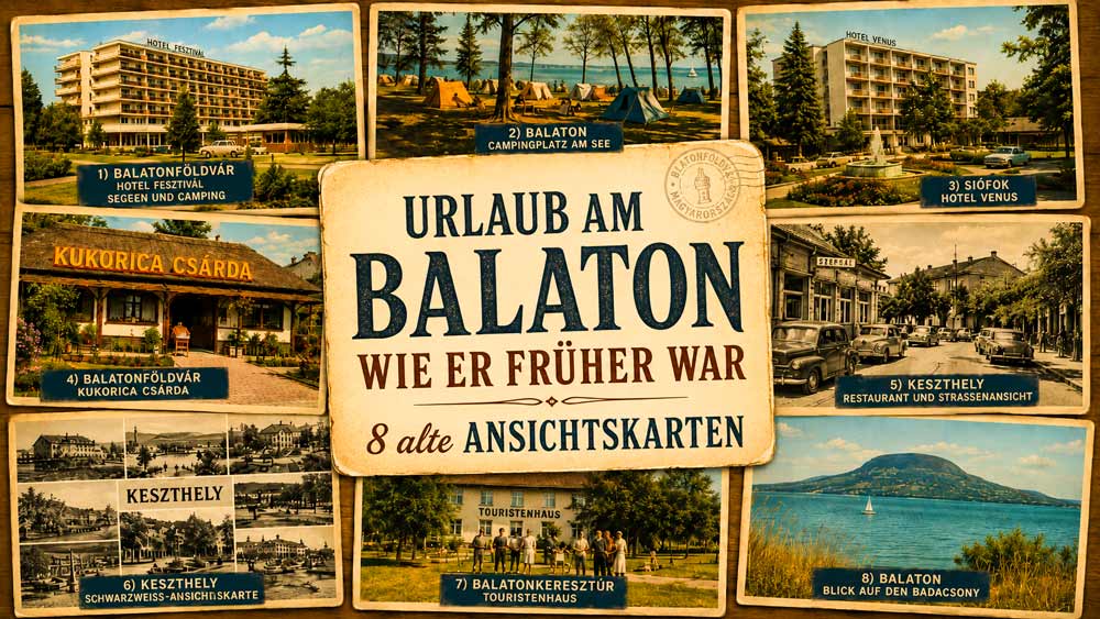 Titelbild mit acht alten Ansichtskarten vom Balaton mit Hotel, Campingplatz, Csárda, Keszthely, Balatonkeresztúr und Blick auf den Badacsony