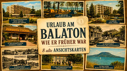Titelbild mit acht alten Ansichtskarten vom Balaton mit Hotel, Campingplatz, Csárda, Keszthely, Balatonkeresztúr und Blick auf den Badacsony