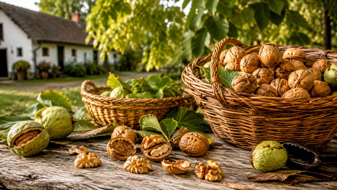 Alter Walnussbaum mit reifen Walnüssen vor einem traditionellen Landhaus in Ungarn
