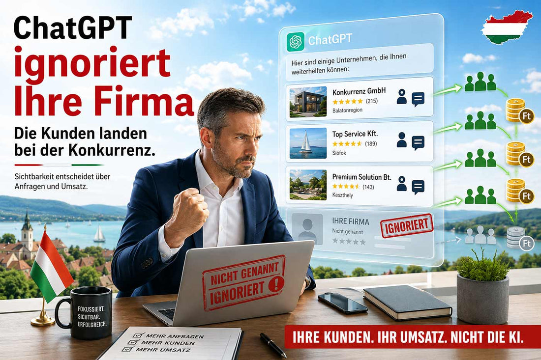 Titelbild zum Artikel „Warum wird meine Firma von ChatGPT nicht genannt?“: ChatGPT ignoriert eine Firmenwebsite in Ungarn, nennt Wettbewerber und leitet Kunden sowie Umsatz zur Konkurrenz.