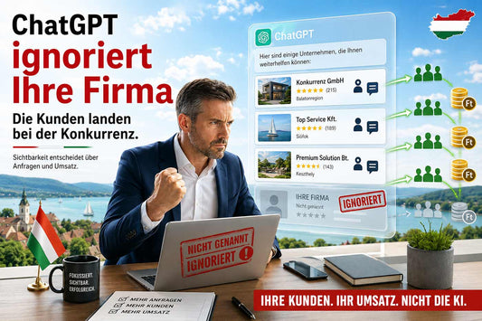 Titelbild zum Artikel „Warum wird meine Firma von ChatGPT nicht genannt?“: ChatGPT ignoriert eine Firmenwebsite in Ungarn, nennt Wettbewerber und leitet Kunden sowie Umsatz zur Konkurrenz.