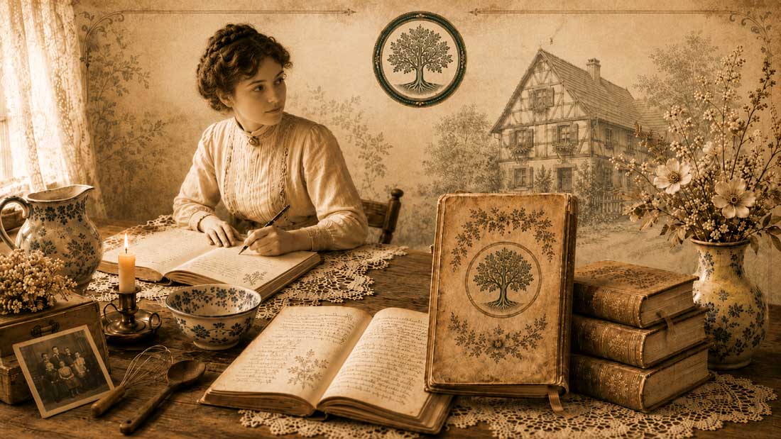 Frau beim Schreiben in einem historischen Hausbuch mit alten Büchern, Rezepten und Fachwerkhaus im Hintergrund.
