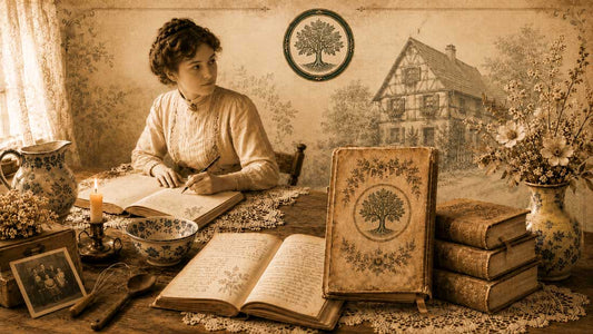 Frau beim Schreiben in einem historischen Hausbuch mit alten Büchern, Rezepten und Fachwerkhaus im Hintergrund.