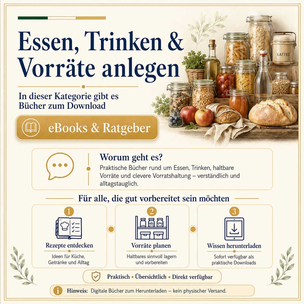 Deutsch-ungarische und internationale Küche mit eingelegtem Gemüse, fermentierten Lebensmitteln, Vorratsgläsern, frischen Zutaten, Brot, Kräutern und hausgemachten Getränken.