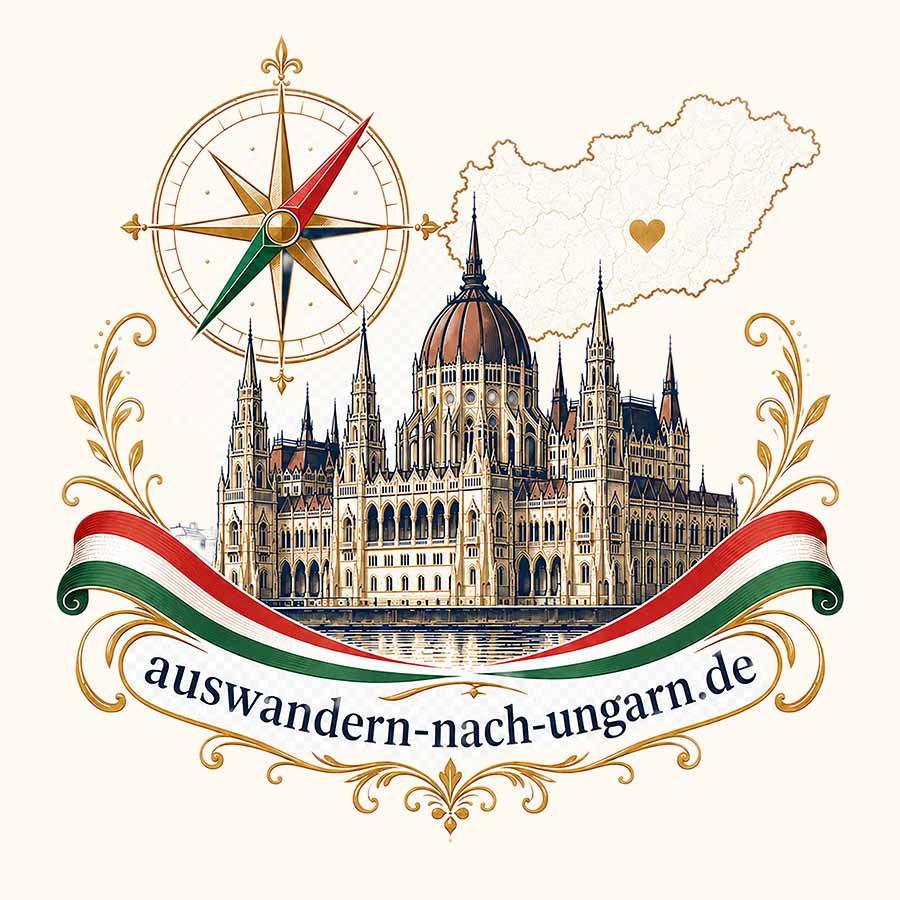 Aufschrift auswandern-nach-ungarn.de mit ungarischem Parlament, Ungarnkarte, Kompass und Schleife in den Nationalfarben Rot, Weiß und Grün.