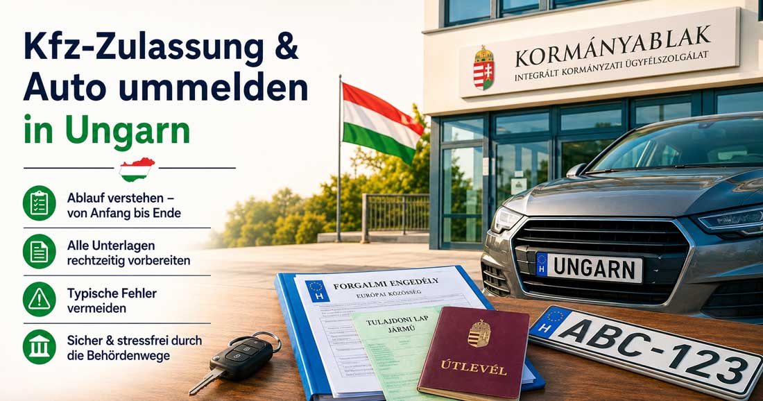 Kfz-Zulassung in Ungarn mit Kormányablak-Gebäude, ungarischer Flagge, Auto, Fahrzeugschlüssel, Kennzeichen, Fahrzeugpapieren und Reisepass. Links stehen kurze Hinweise zu Ablauf, Unterlagen und Behördenwegen.
