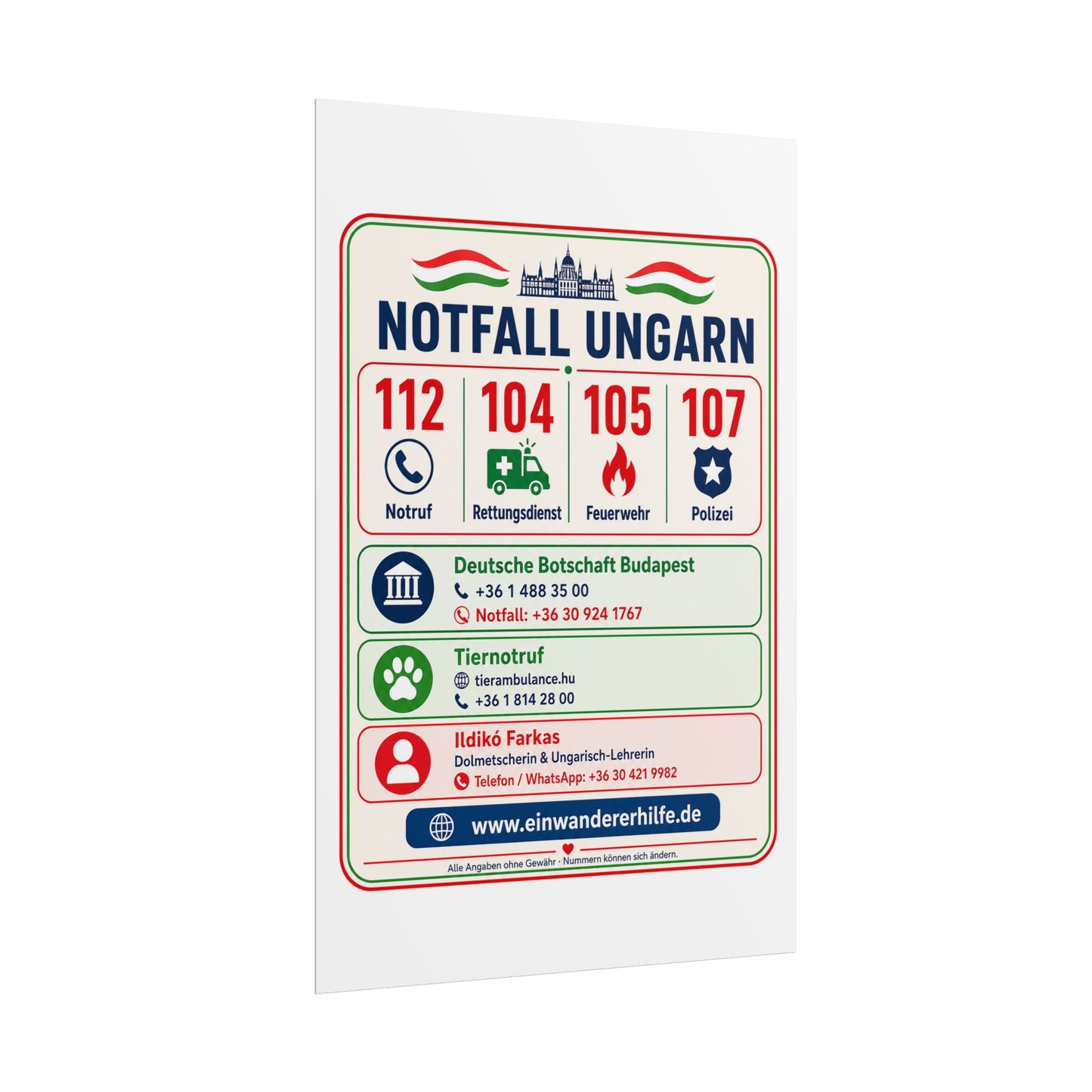 Notfall-Poster Ungarn mit Notrufnummern und Kontakten