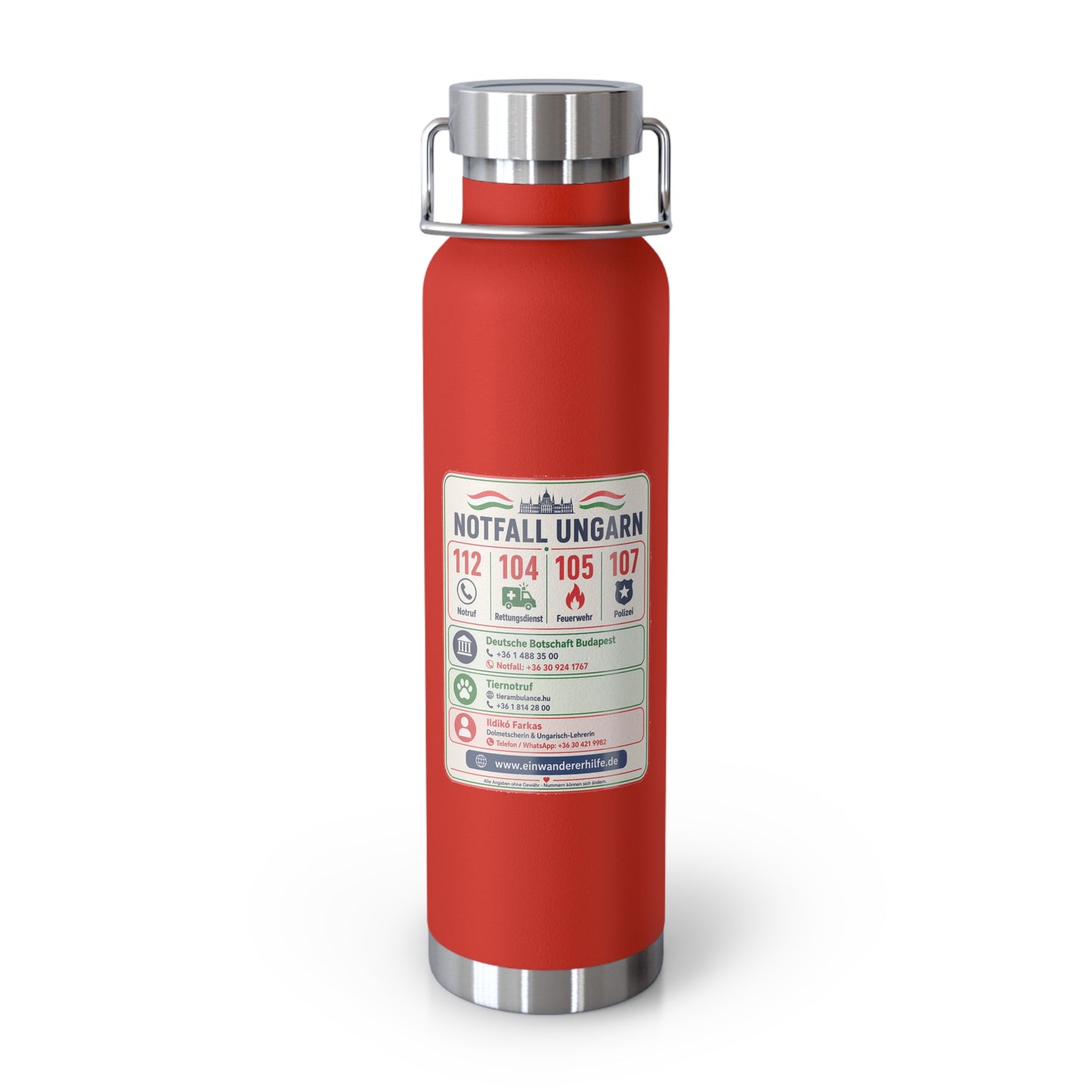 Notfall-Isolierflasche Ungarn – 650 ml mit Notrufnummern