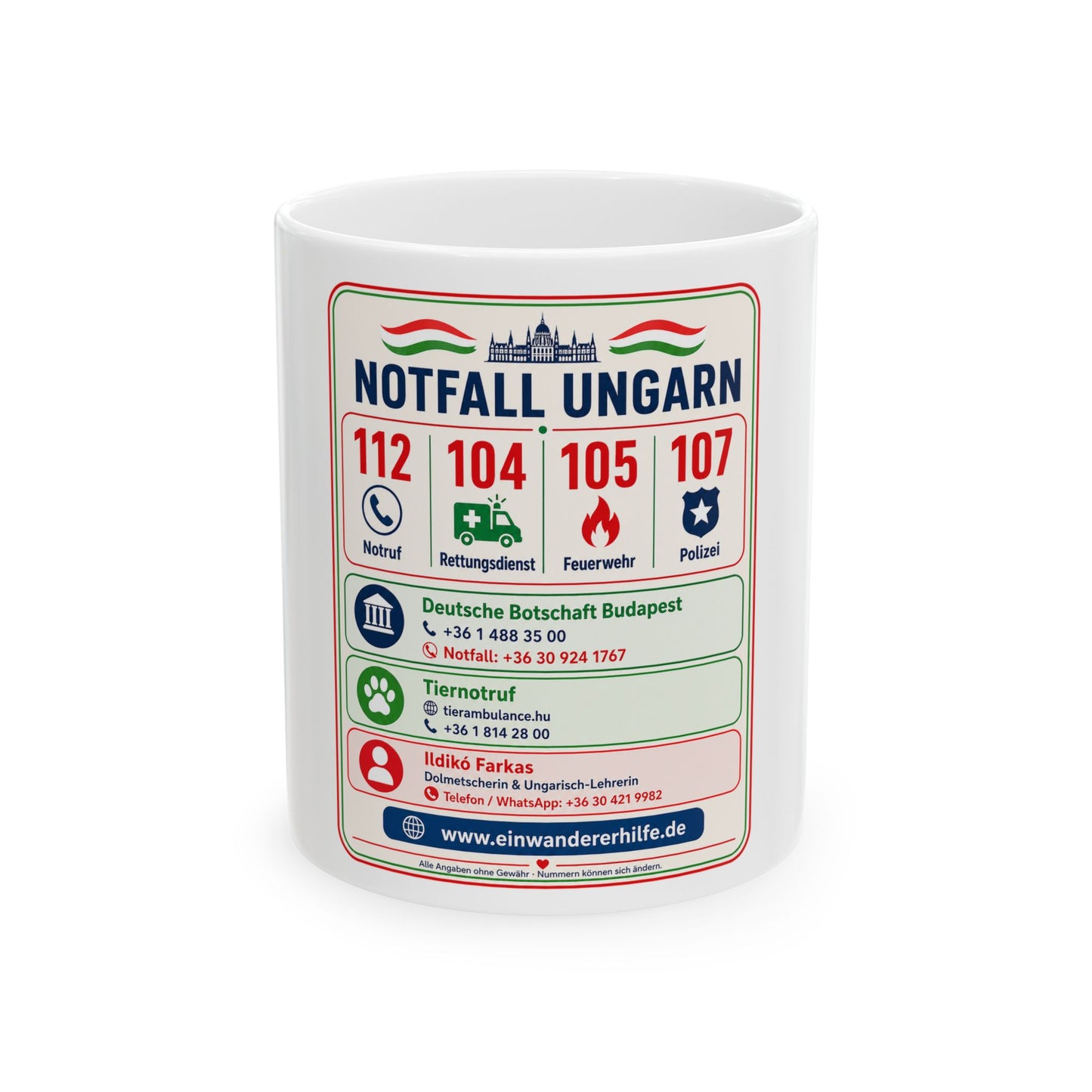 Notfall-Tasse Ungarn mit wichtigen Telefonnummern