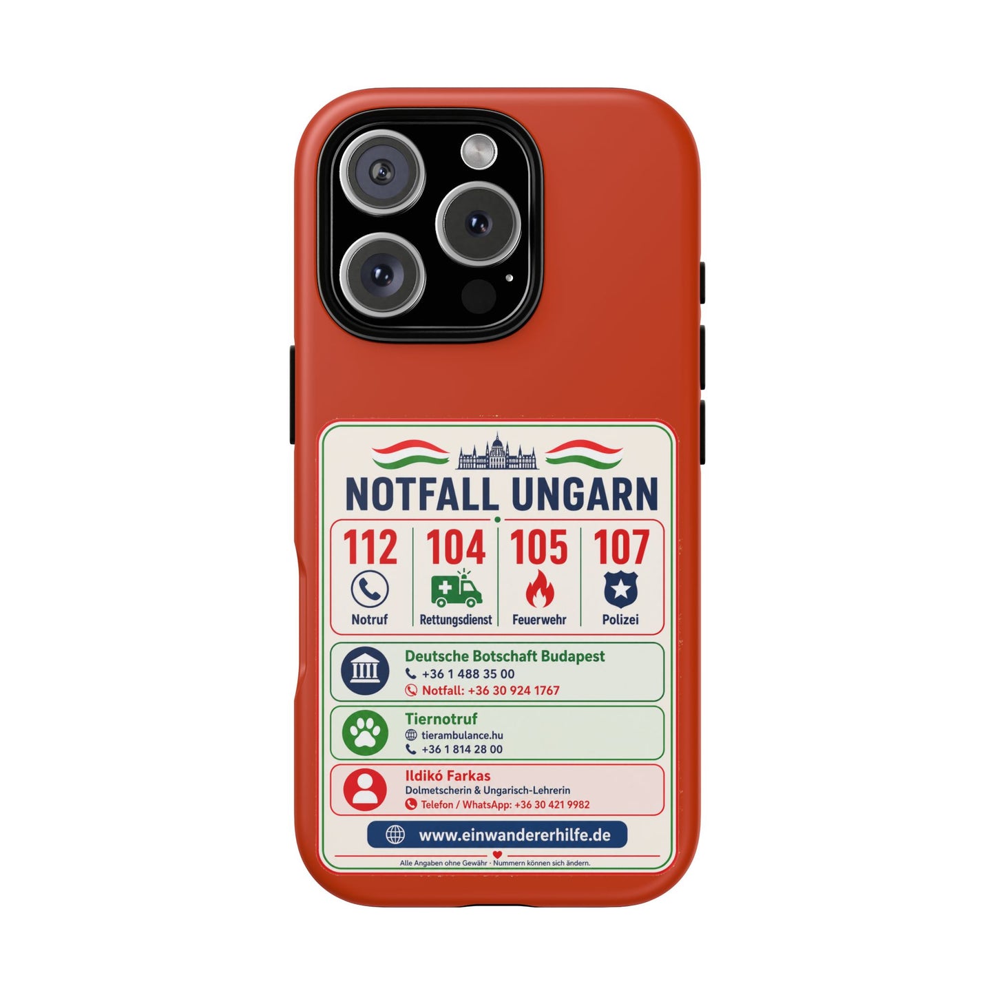 Notfall-Handyhülle Ungarn mit wichtigen Telefonnummern