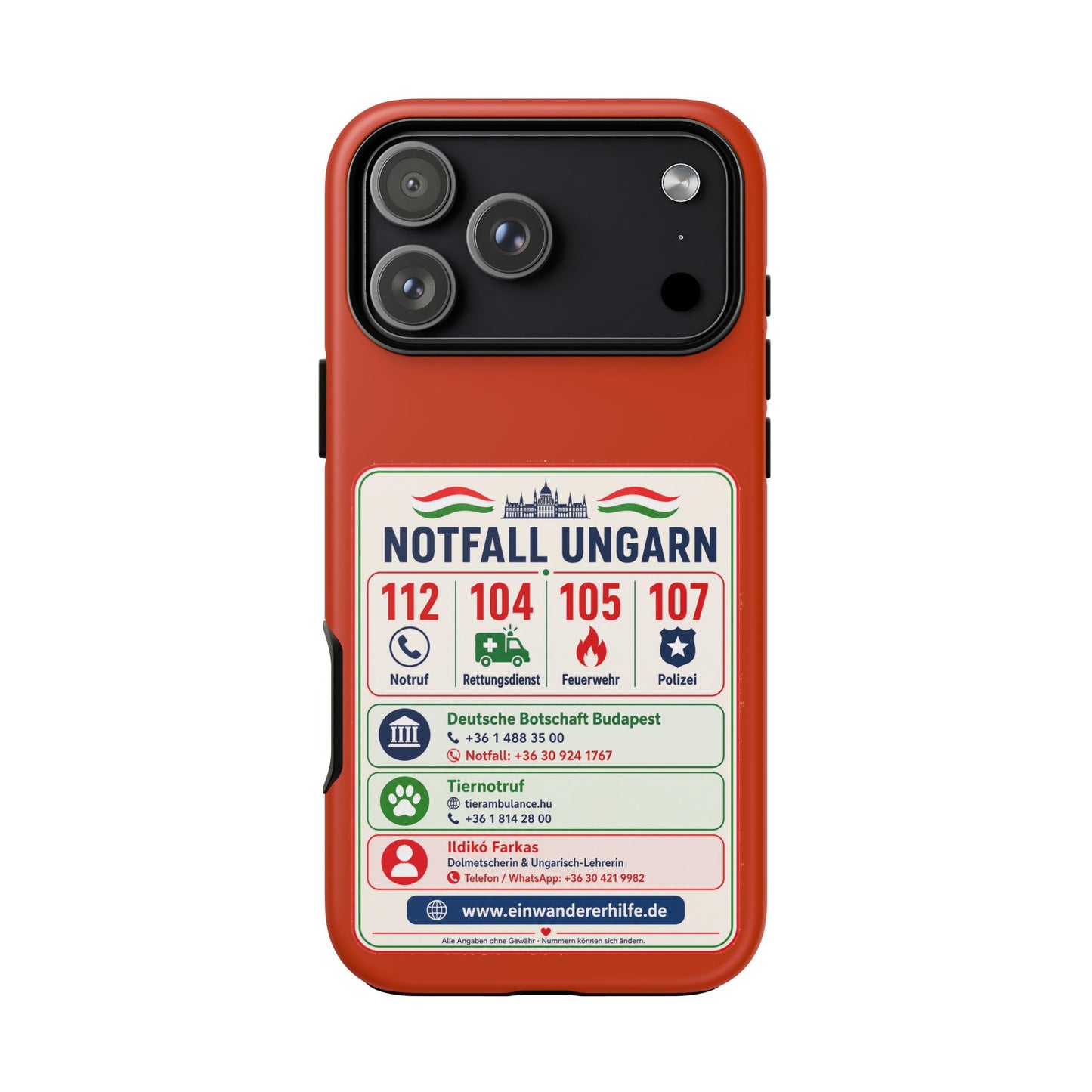 Notfall-Handyhülle Ungarn mit wichtigen Telefonnummern