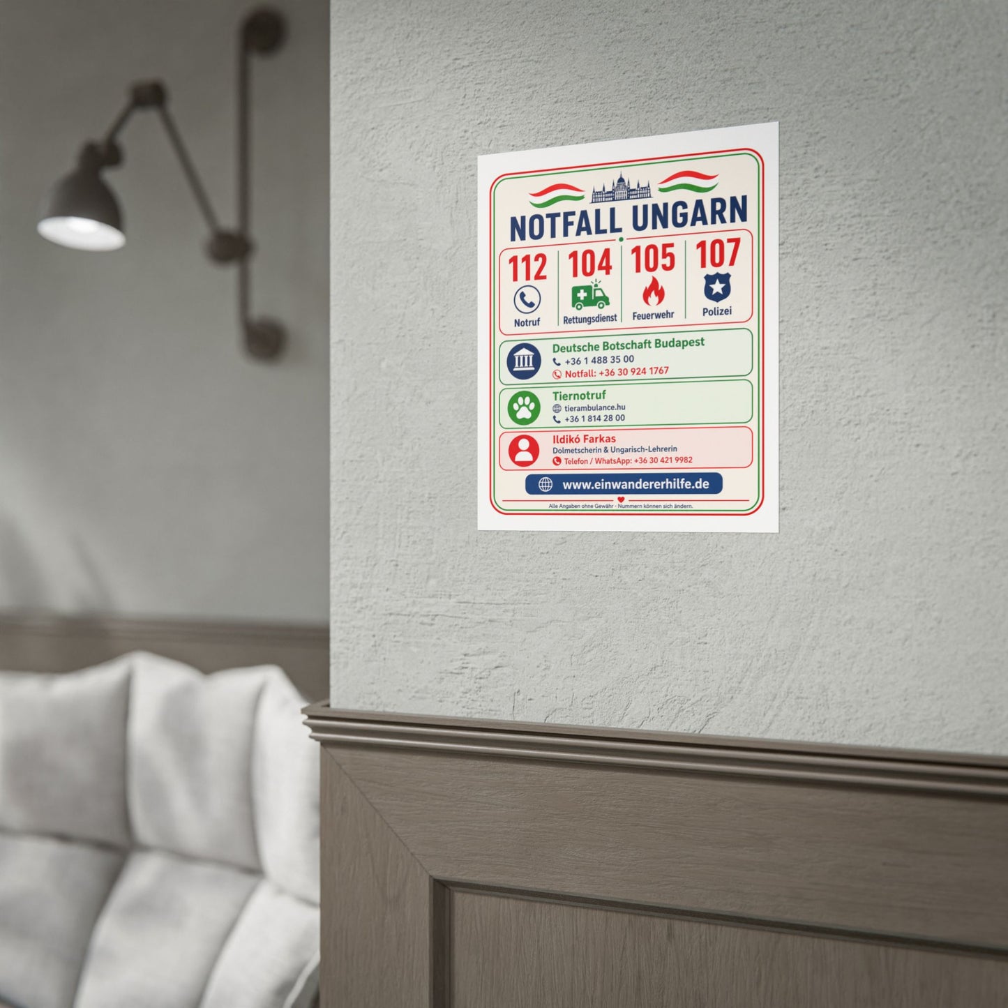 Notfall-Poster Ungarn mit Notrufnummern und Kontakten