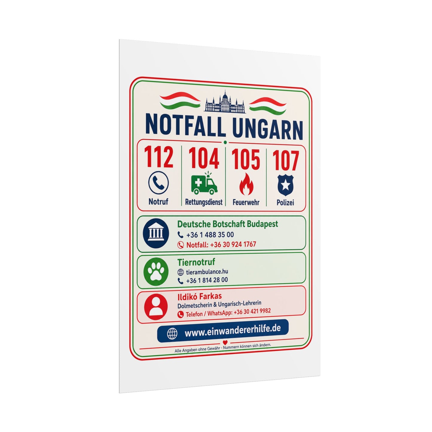 Notfall-Poster Ungarn mit Notrufnummern und Kontakten