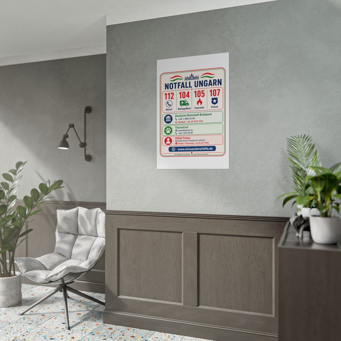 Notfall-Poster Ungarn mit Notrufnummern und Kontakten