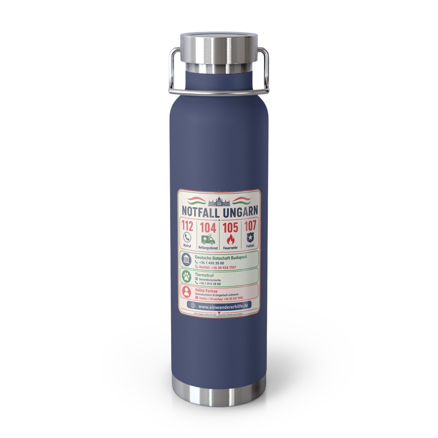 Notfall-Isolierflasche Ungarn – 650 ml mit Notrufnummern