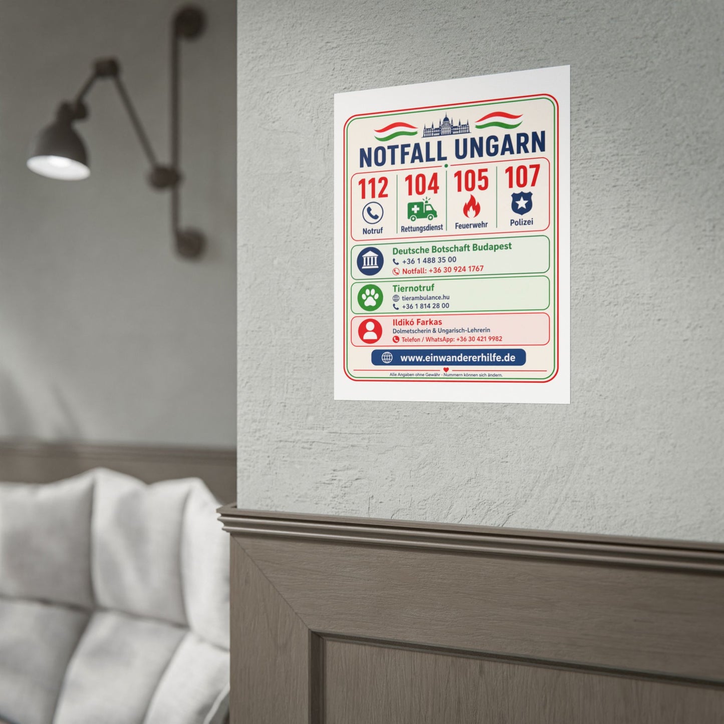 Notfall-Poster Ungarn mit Notrufnummern und Kontakten