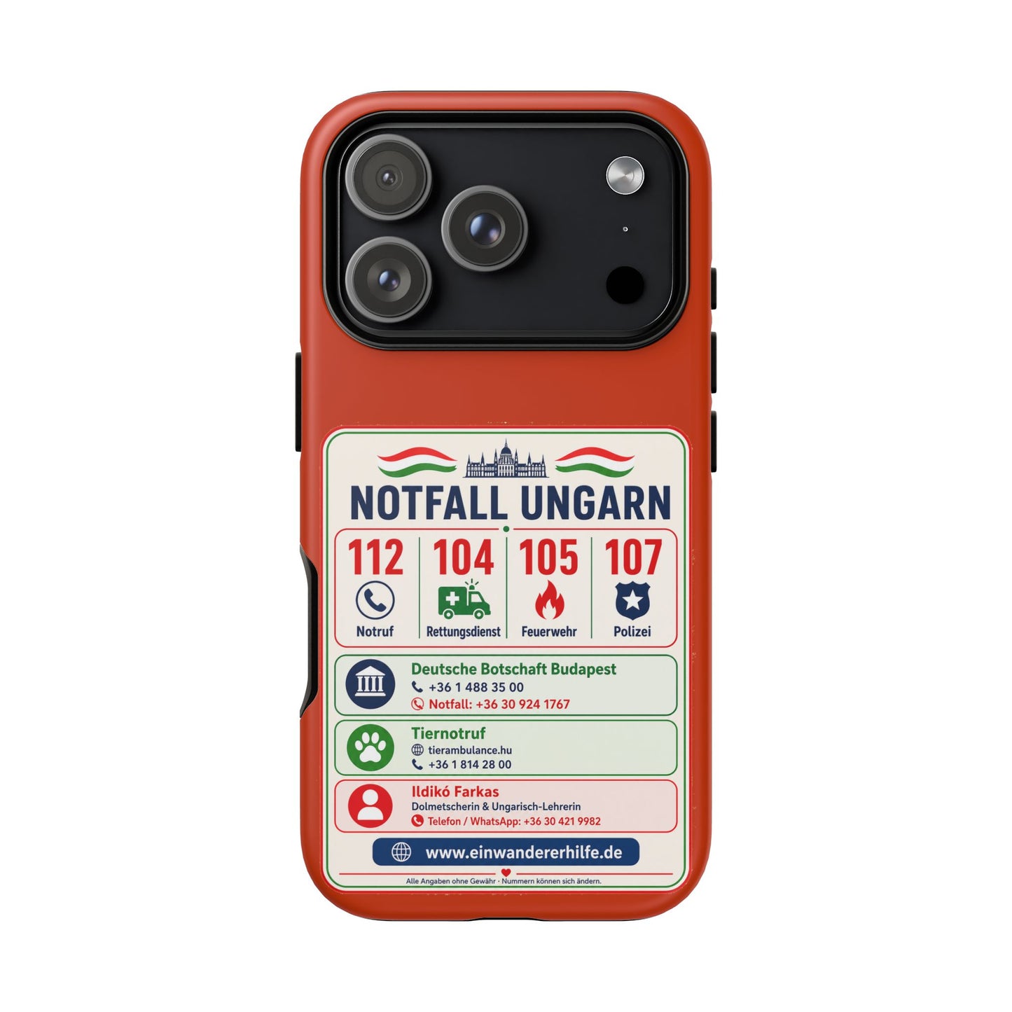 Notfall-Handyhülle Ungarn mit wichtigen Telefonnummern