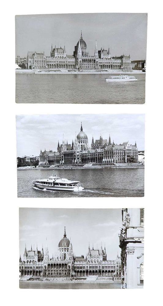 3 alte Schwarz-Weiß-Ansichtskarten aus Budapest mit dem ungarischen Parlament an der Donau und Fahrgastschiffen