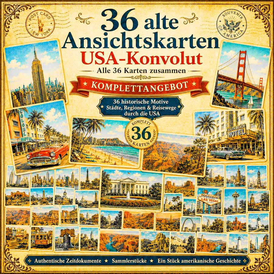 Produktbild für ein Konvolut aus 36 alten Ansichtskarten mit Motiven aus den USA und weiteren Ländern