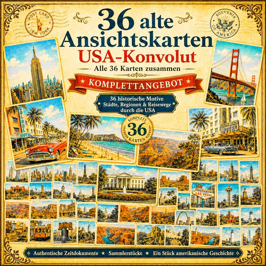 Produktbild für ein Konvolut aus 36 alten Ansichtskarten mit Motiven aus den USA und weiteren Ländern