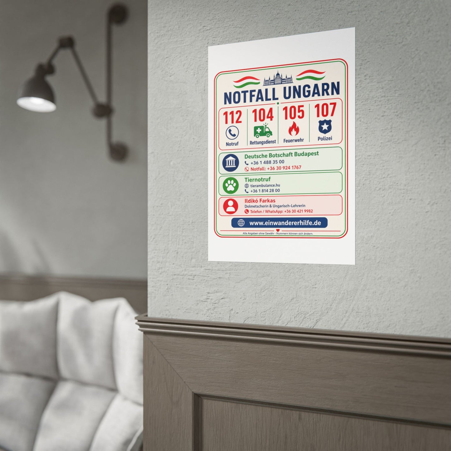 Notfall-Poster Ungarn mit Notrufnummern und Kontakten