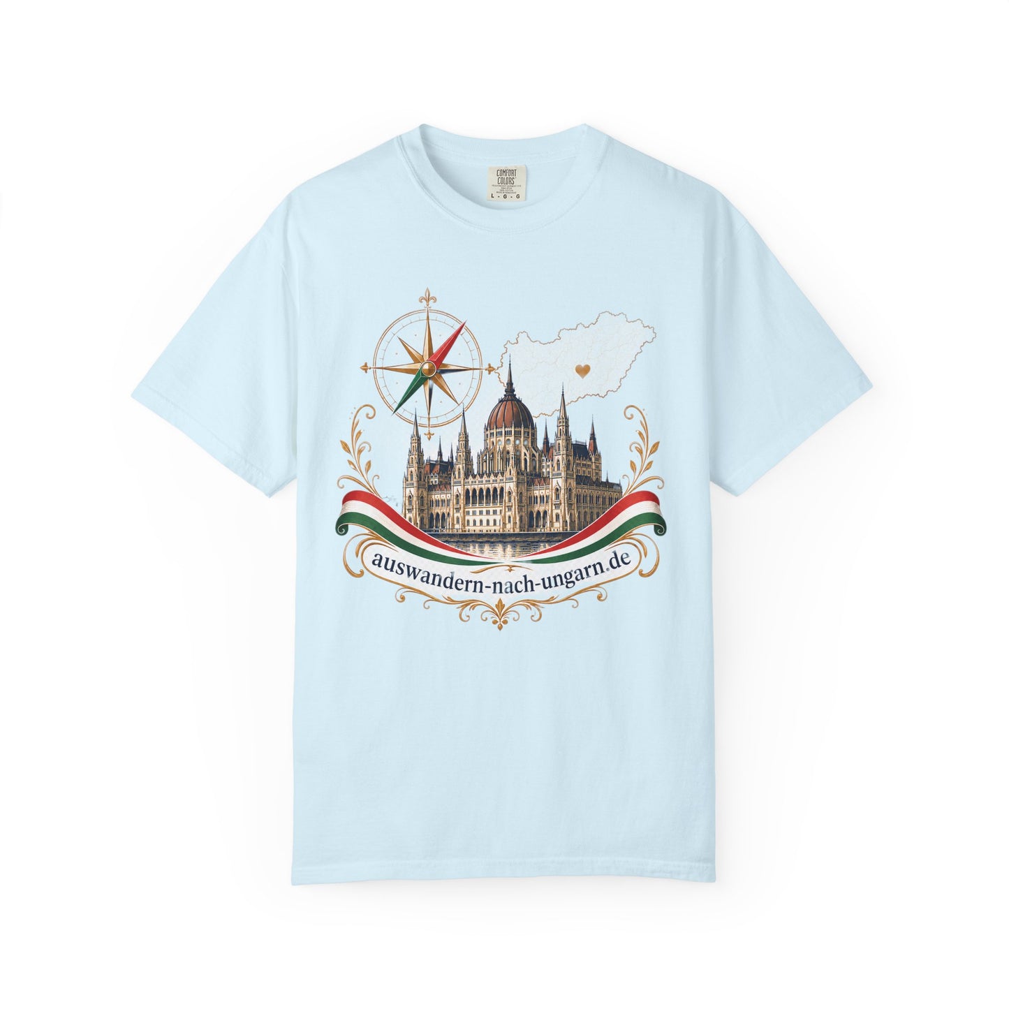 Hungary Travel T-Shirt – Budapest Parliament Illustration with 'auswandern-nach-ungarn.de'