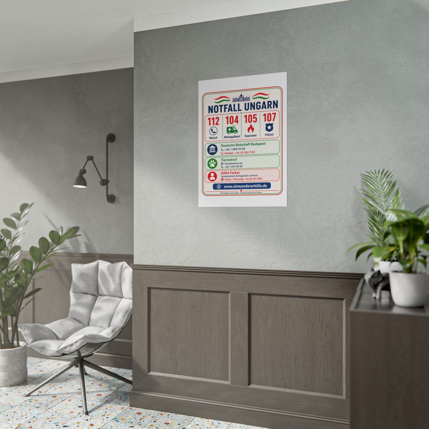 Notfall-Poster Ungarn mit Notrufnummern und Kontakten