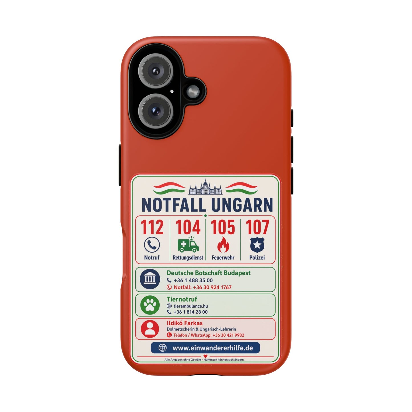 Notfall-Handyhülle Ungarn mit wichtigen Telefonnummern
