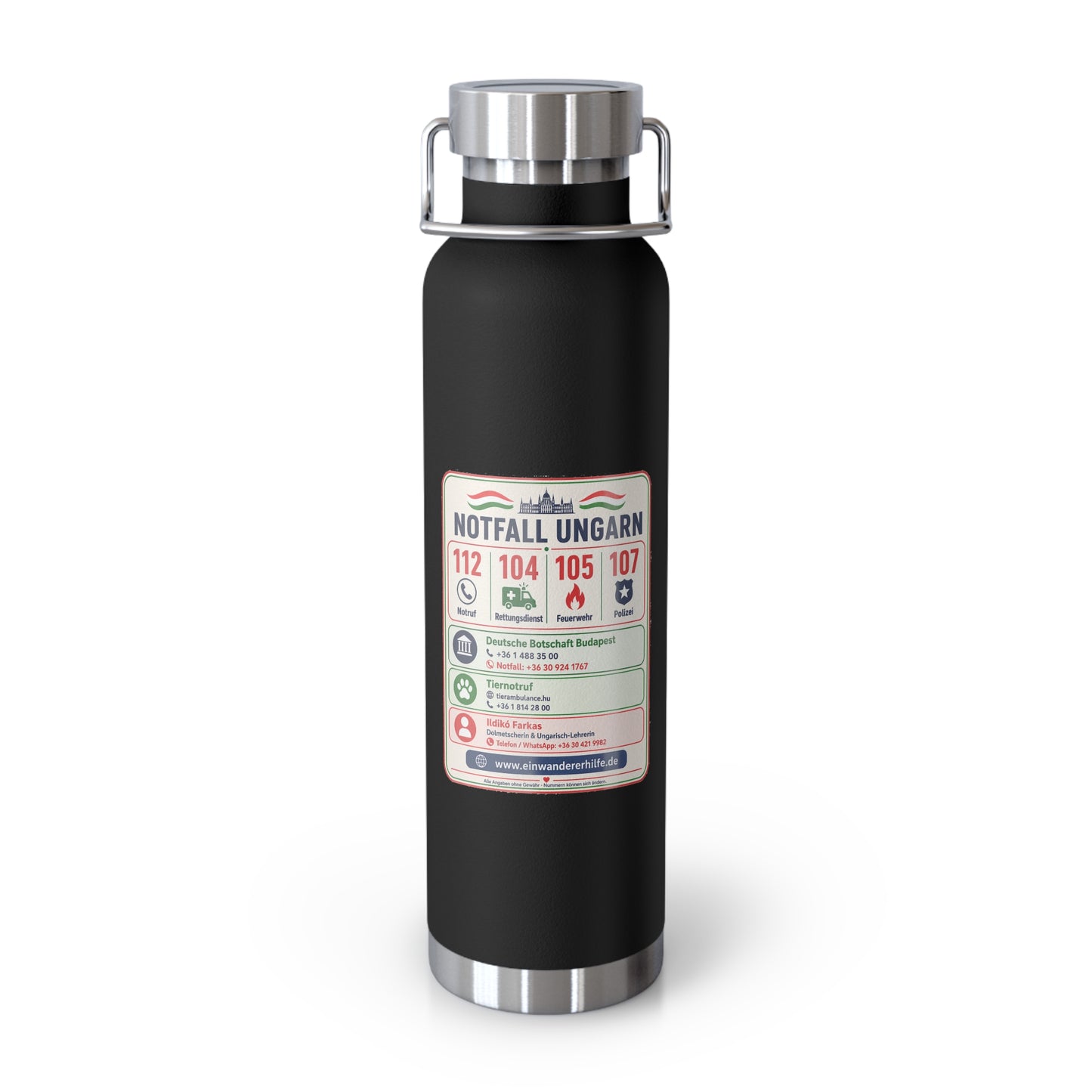 Notfall-Isolierflasche Ungarn – 650 ml mit Notrufnummern
