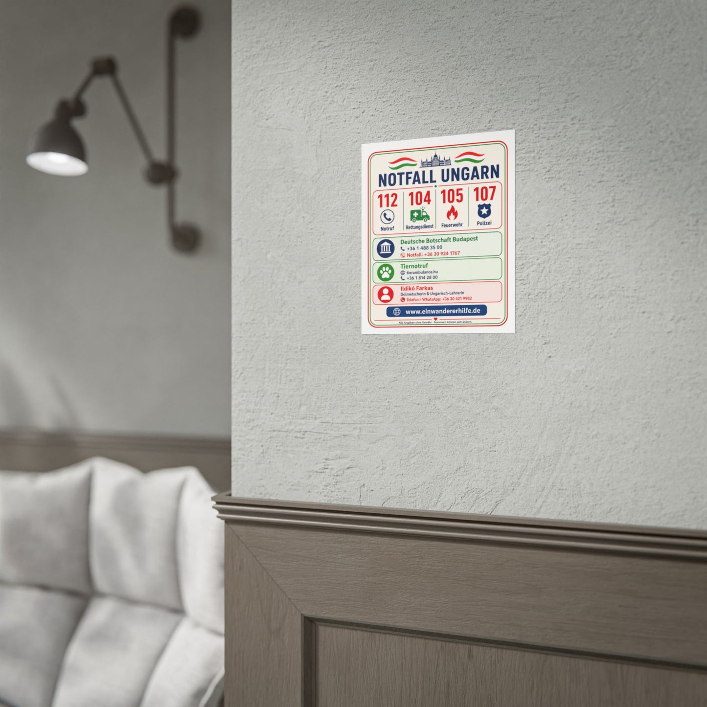 Notfall-Poster Ungarn mit Notrufnummern und Kontakten