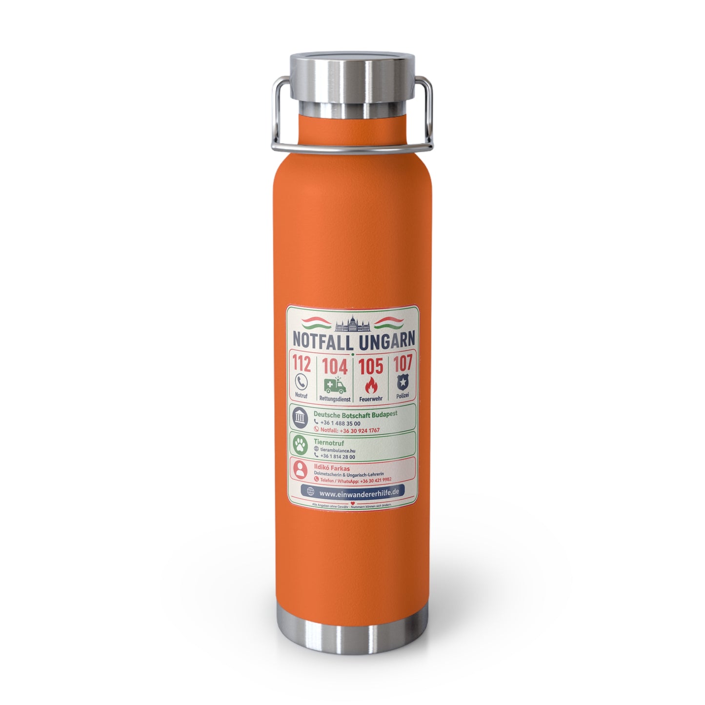 Notfall-Isolierflasche Ungarn – 650 ml mit Notrufnummern