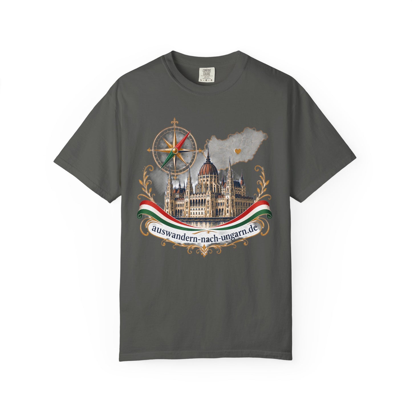 Hungary Travel T-Shirt – Budapest Parliament Illustration with 'auswandern-nach-ungarn.de'