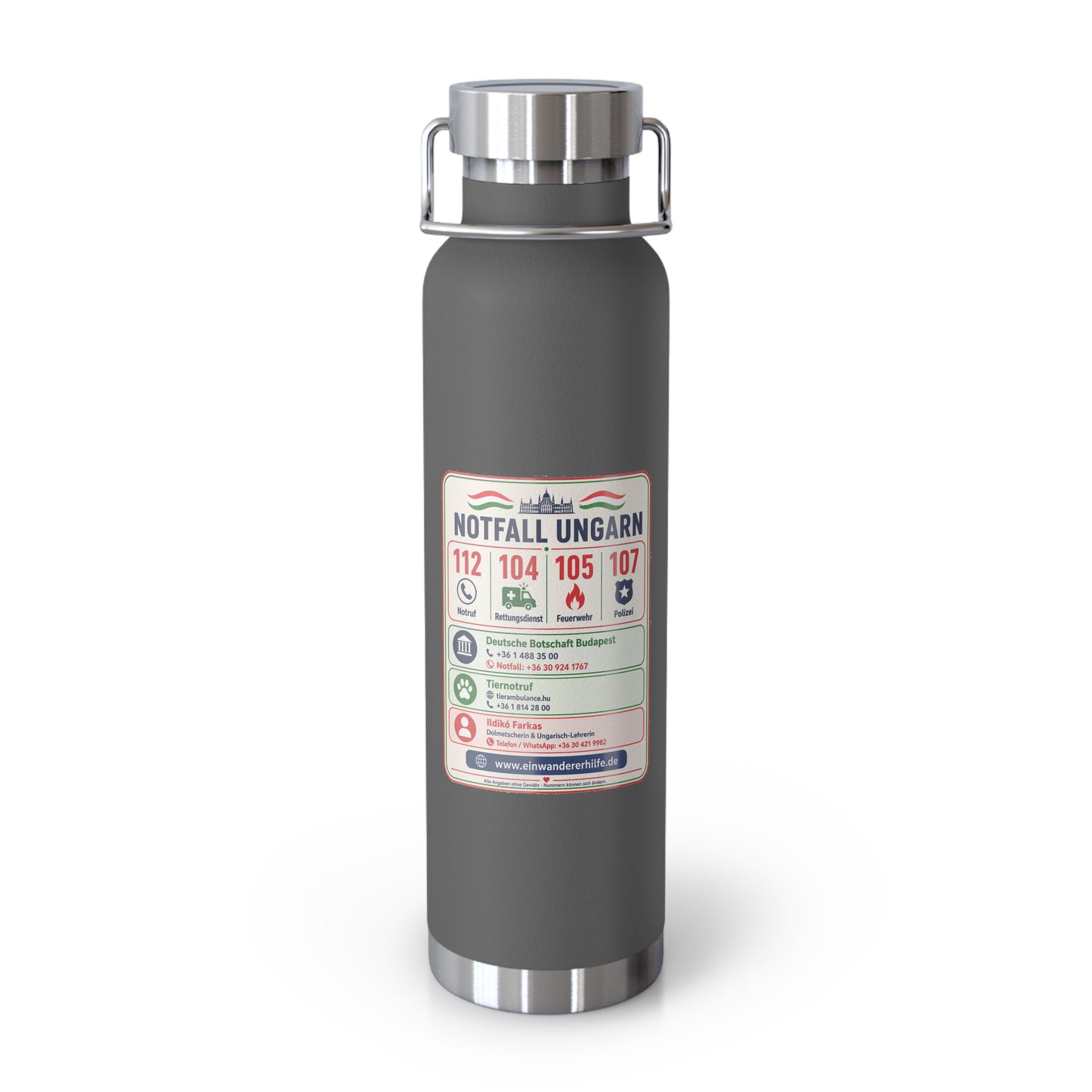 Notfall-Isolierflasche Ungarn – 650 ml mit Notrufnummern