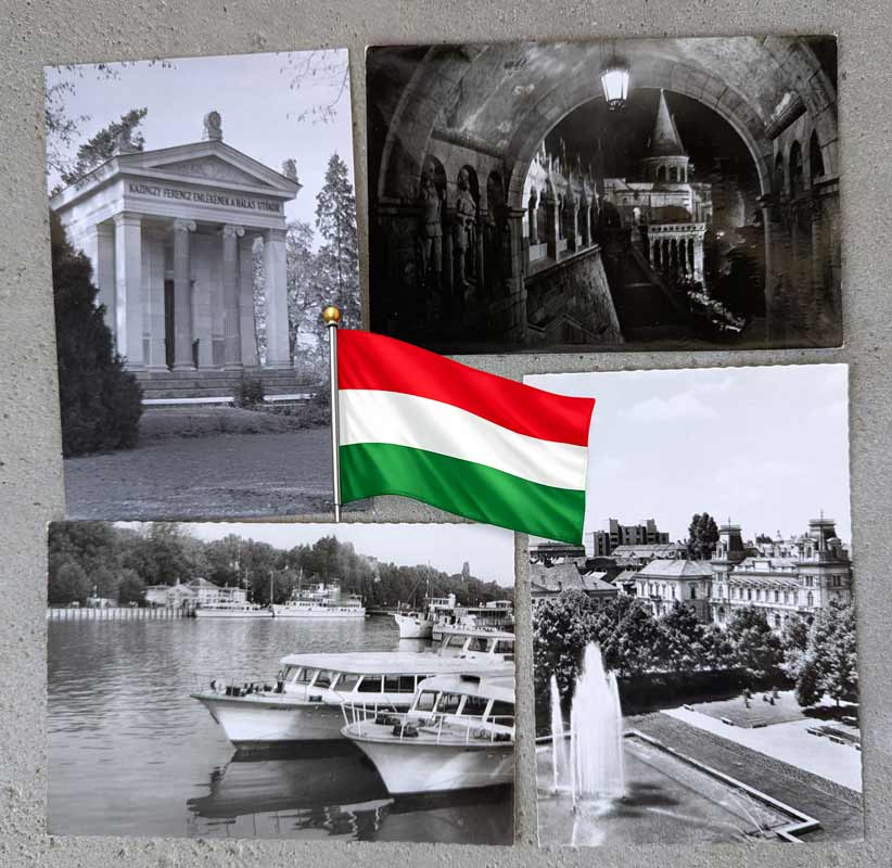 Alte Ansichtskarten aus Ungarn kaufen: historische Postkartensammlung mit Motiven aus Budapest, der Donau, der Kettenbrücke, ungarischen Parks, Schiffen, alten Gebäuden und traditioneller Tracht.