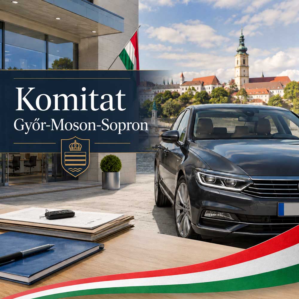 Autoanmeldung im Komitat Győr-Moson-Sopron: dunkler Pkw vor modernem Behördengebäude mit ungarischer Flagge, Unterlagen und Autoschlüssel im Vordergrund, dazu der Schriftzug Komitat Győr-Moson-Sopron – passend zu Auto ummelden und Kfz-Zulassung in Ungarn.