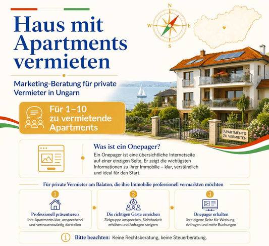 Marketing-Beratung für private Vermieter in Ungarn: gepflegtes Apartmenthaus am Balaton für 1–10 zu vermietende Apartments, inklusive Onepager und professioneller Online-Sichtbarkeit.