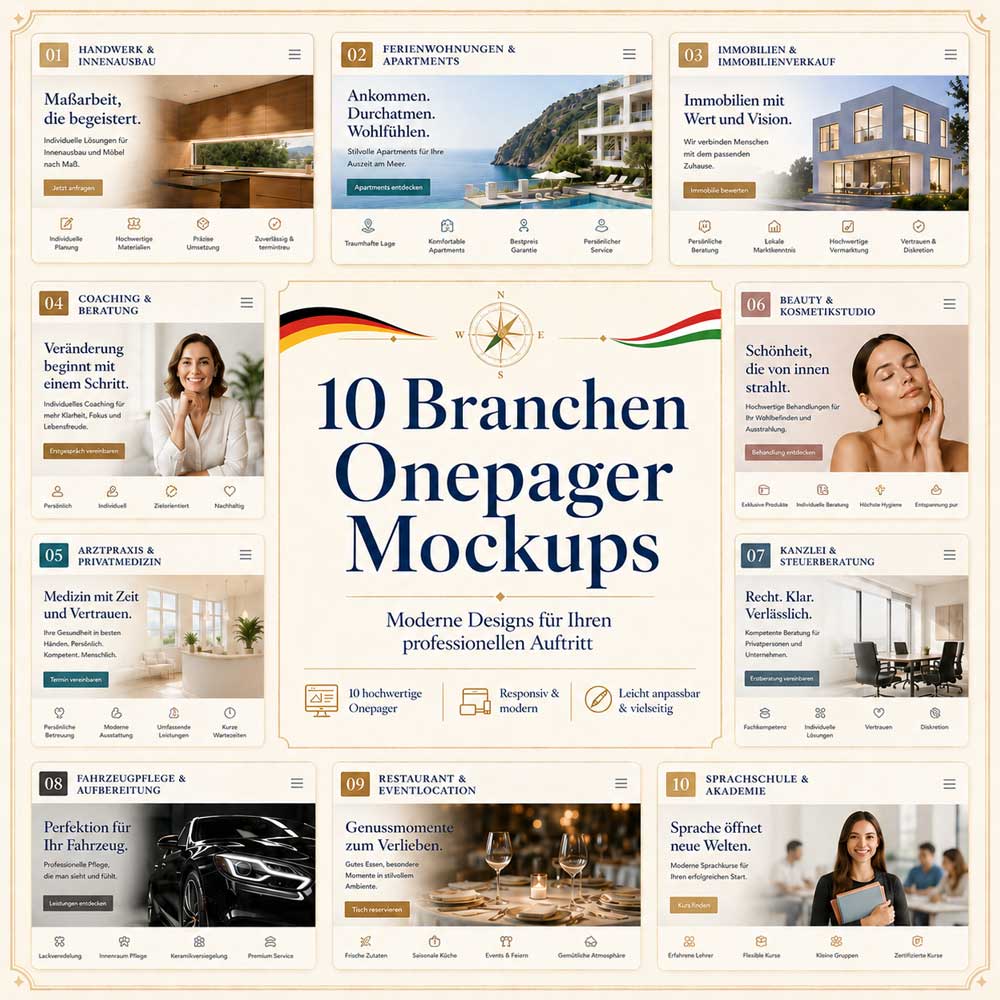 Collage mit hochwertigen Onepager-Mockups für verschiedene Branchen als Vorschau für einen professionellen Internetauftritt