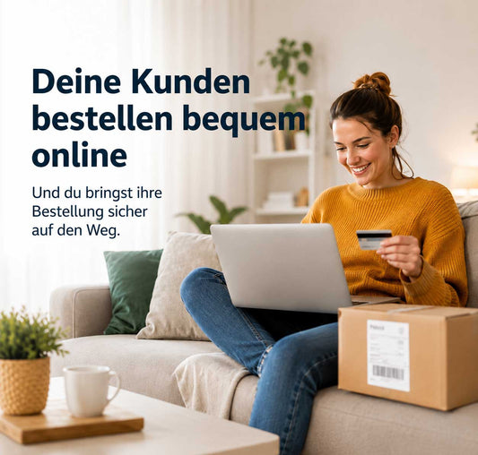 Frau bestellt bequem online am Laptop mit Kreditkarte, daneben ein Versandpaket – Online Shop einrichten lassen für digitale und physische Produkte