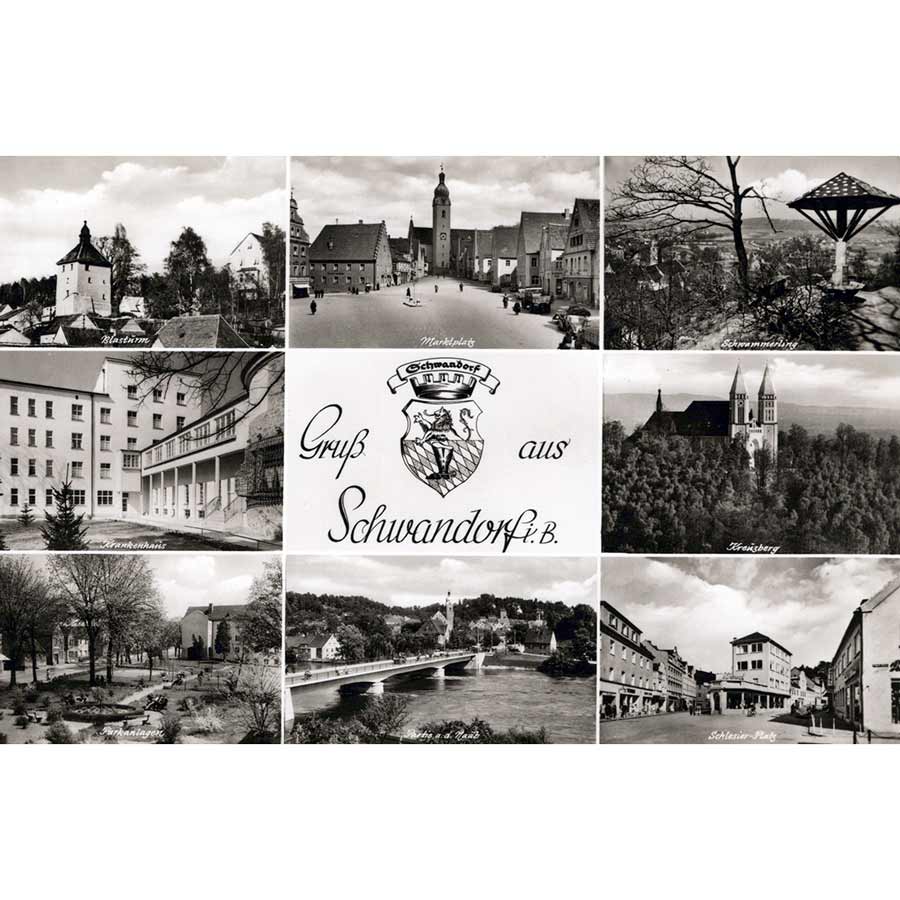 Historic multi-view postcard of Schwandorf in the Upper Palatinate with Marktplatz, Blasturm, Schwammerling, Hospital, Kreuzberg, Parks, Bridge on the Naab, and Schlesierplatz