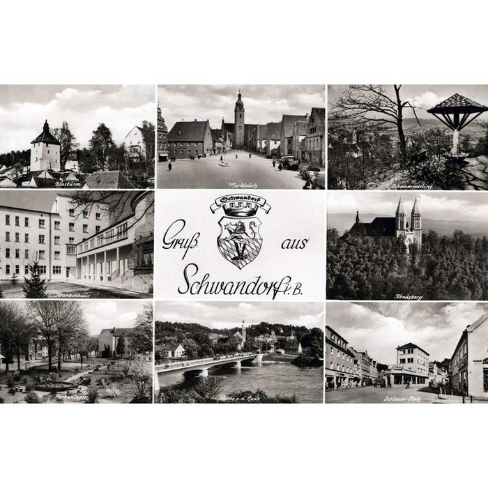 Alte Ansichtskarte Schwandorf als Mehrbildkarte mit acht Stadtansichten